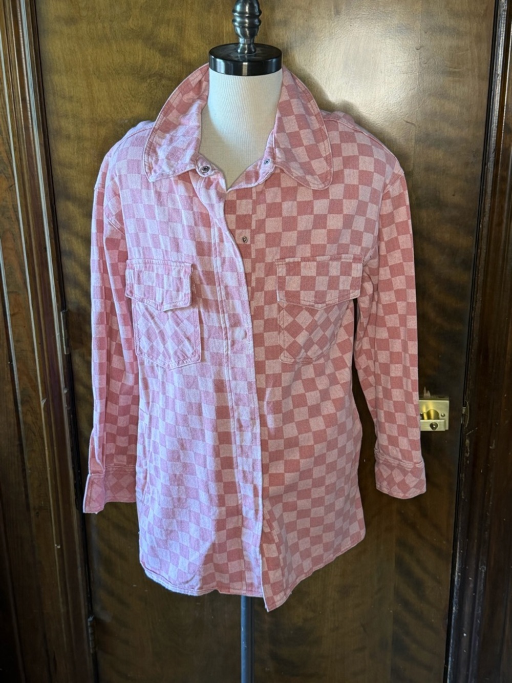 Women's Pink Checkerboard Button-Down Shirt